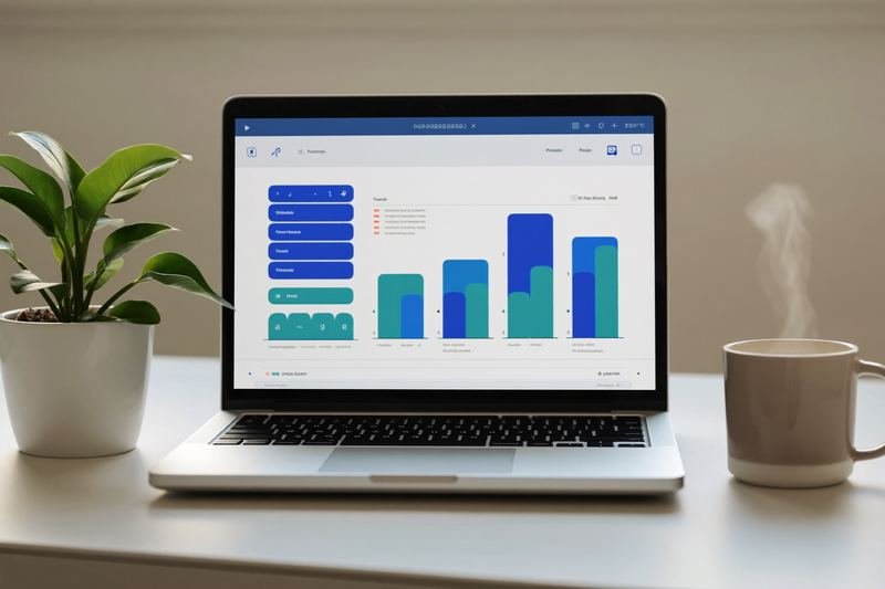 Laptop met een eenvoudige webapplicatie in blauw en teal