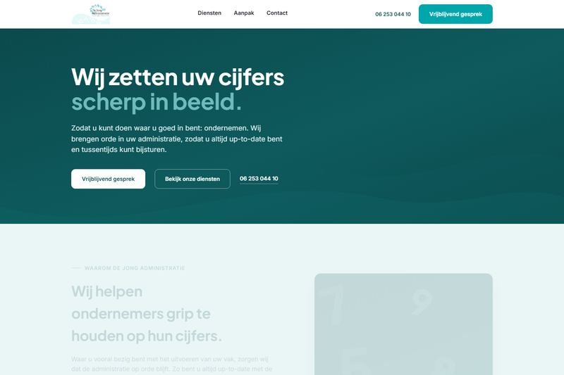 Schermafbeelding van de website van De Jong Administratie